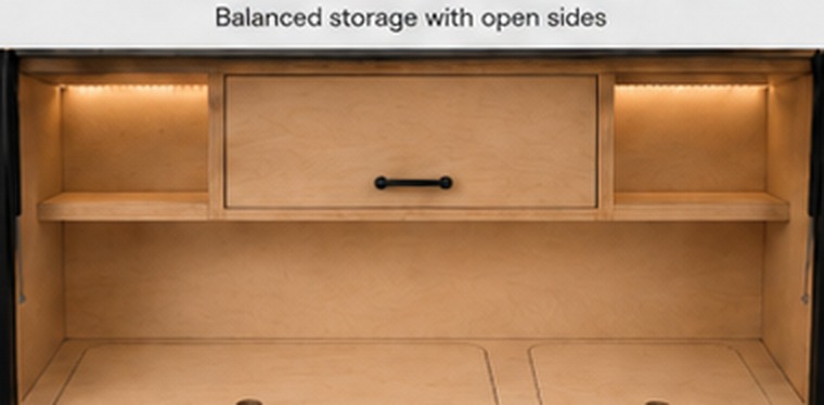 Center cabinet and open side shelves galley layout