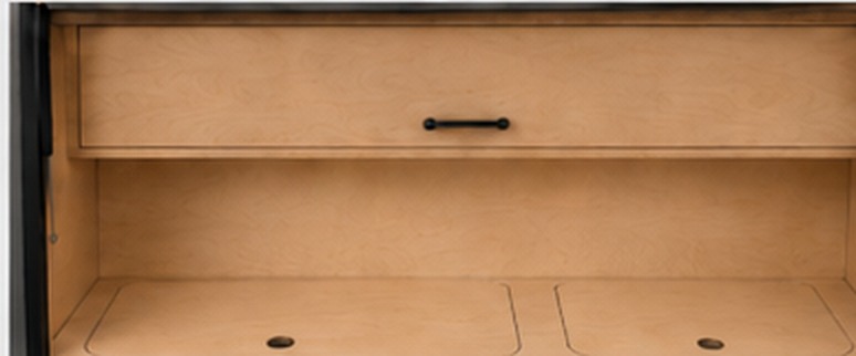 Full-width flip-up upper cabinet galley layout