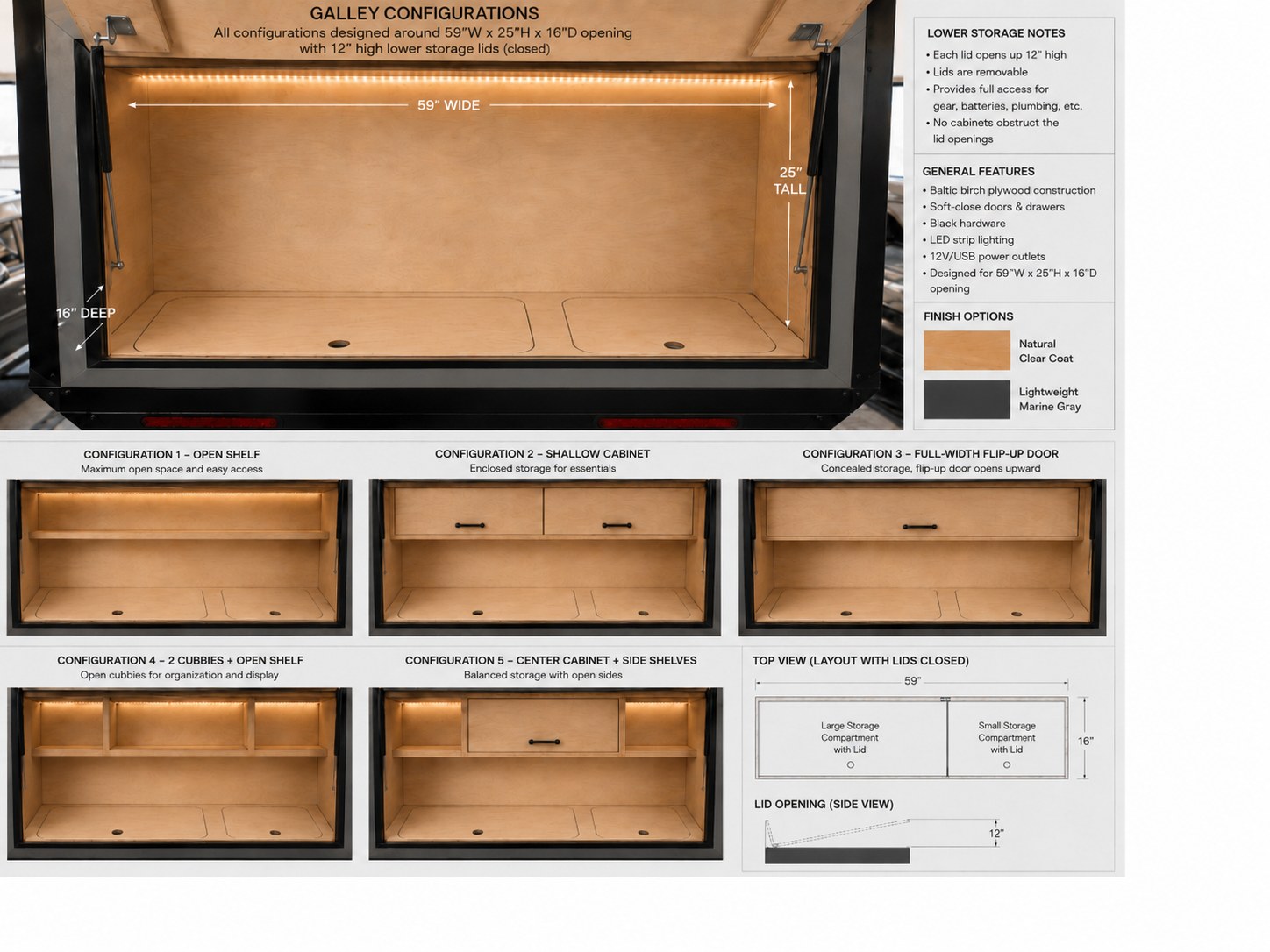Hatch galley configuration design reference showing five cabinet layouts and lower storage dimensions