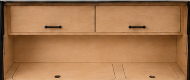 Two-door shallow upper cabinet galley layout